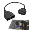 Black OBD1 to OBD2 adapter cable, 12-pin plug to 16-pin OBD2 socket