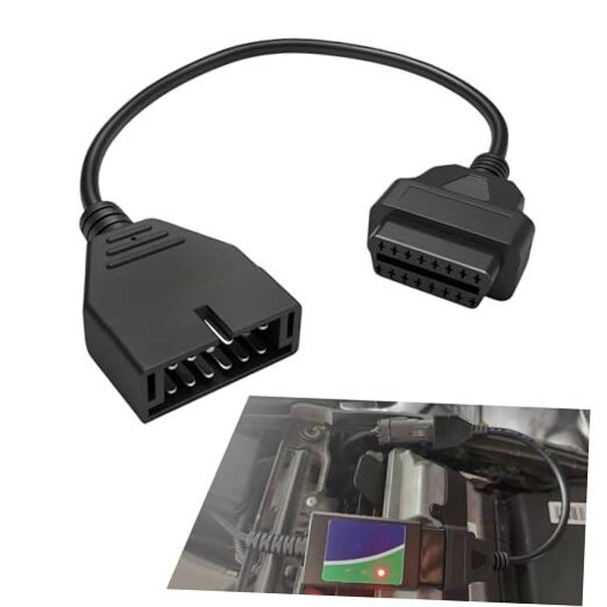 Black OBD1 to OBD2 adapter cable, 12-pin plug to 16-pin OBD2 socket