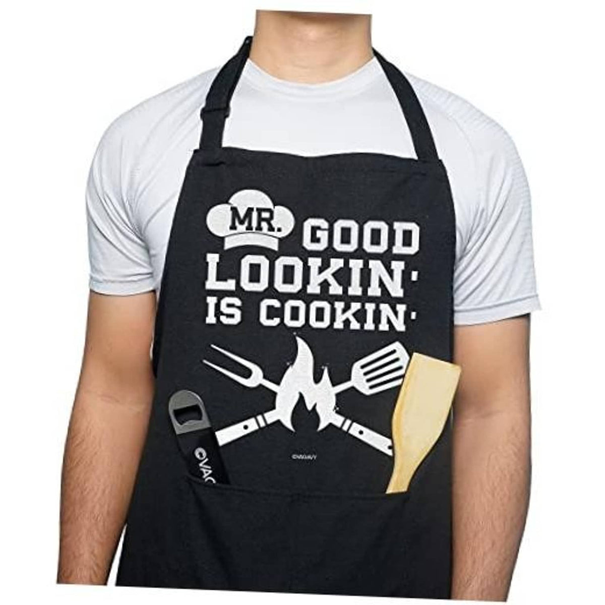 Black cotton apron with 'MR. GOOD LOOKIN' IS COOKIN' graphic and dual pockets