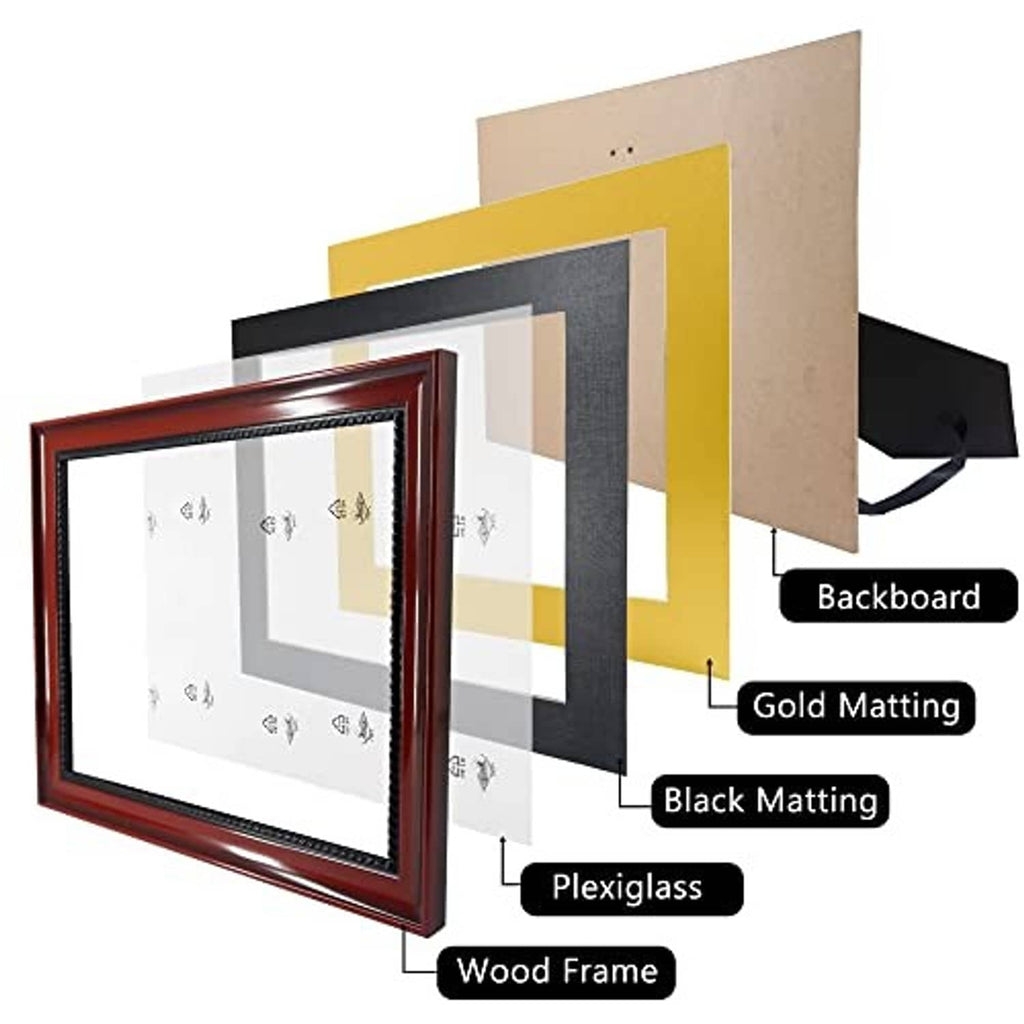 Diploma frame components: wood frame, plexiglass, black and gold mats, backboard
