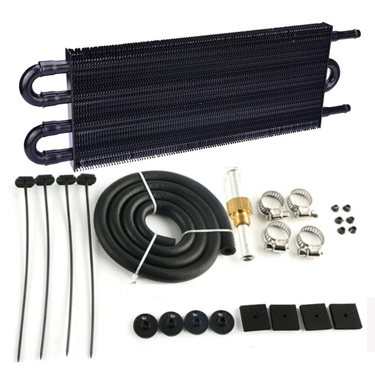 Transmission oil cooler radiator core with black hose and mounting hardware kit