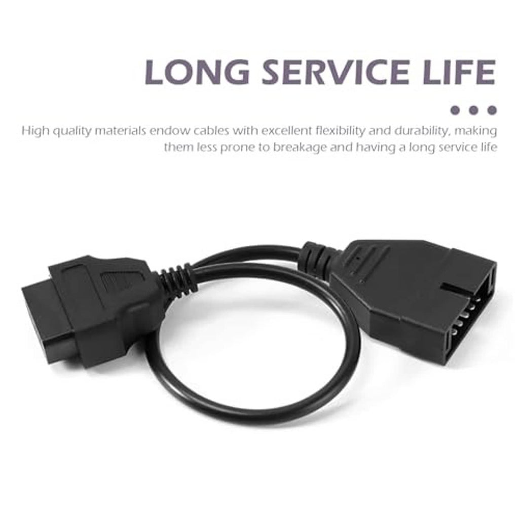 Car diagnostic adapter cable with two black plugs connected by flexible looped cord
