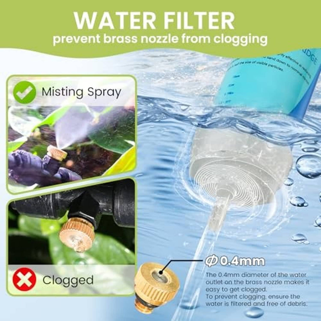 Inline water filter cartridge with misting spray hose fittings, prevents clogging