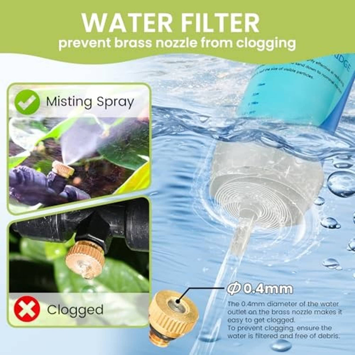 Inline water filter cartridge with misting spray hose fittings, prevents clogging