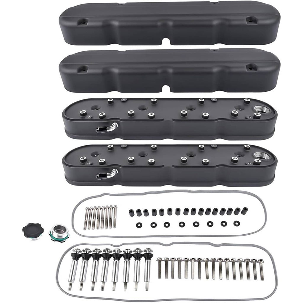 Black valve cover set with coil-mount plates and included seal, spacers, and bolts