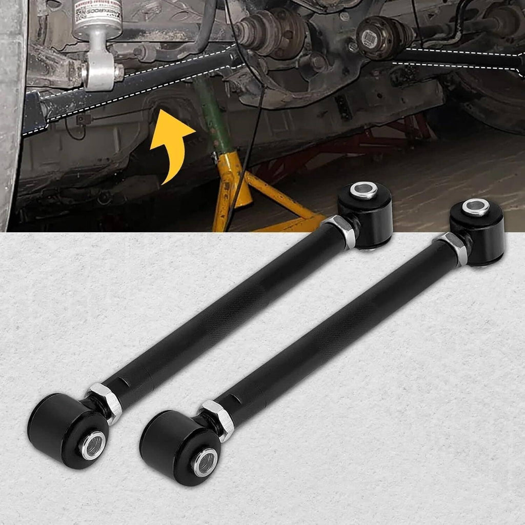 Pair of black camber control arms with rubber bushings and ball joint rod ends