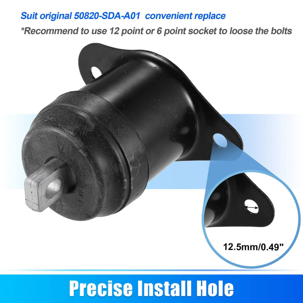 Black engine motor mount with rubber bushing, stud, and mounting holes