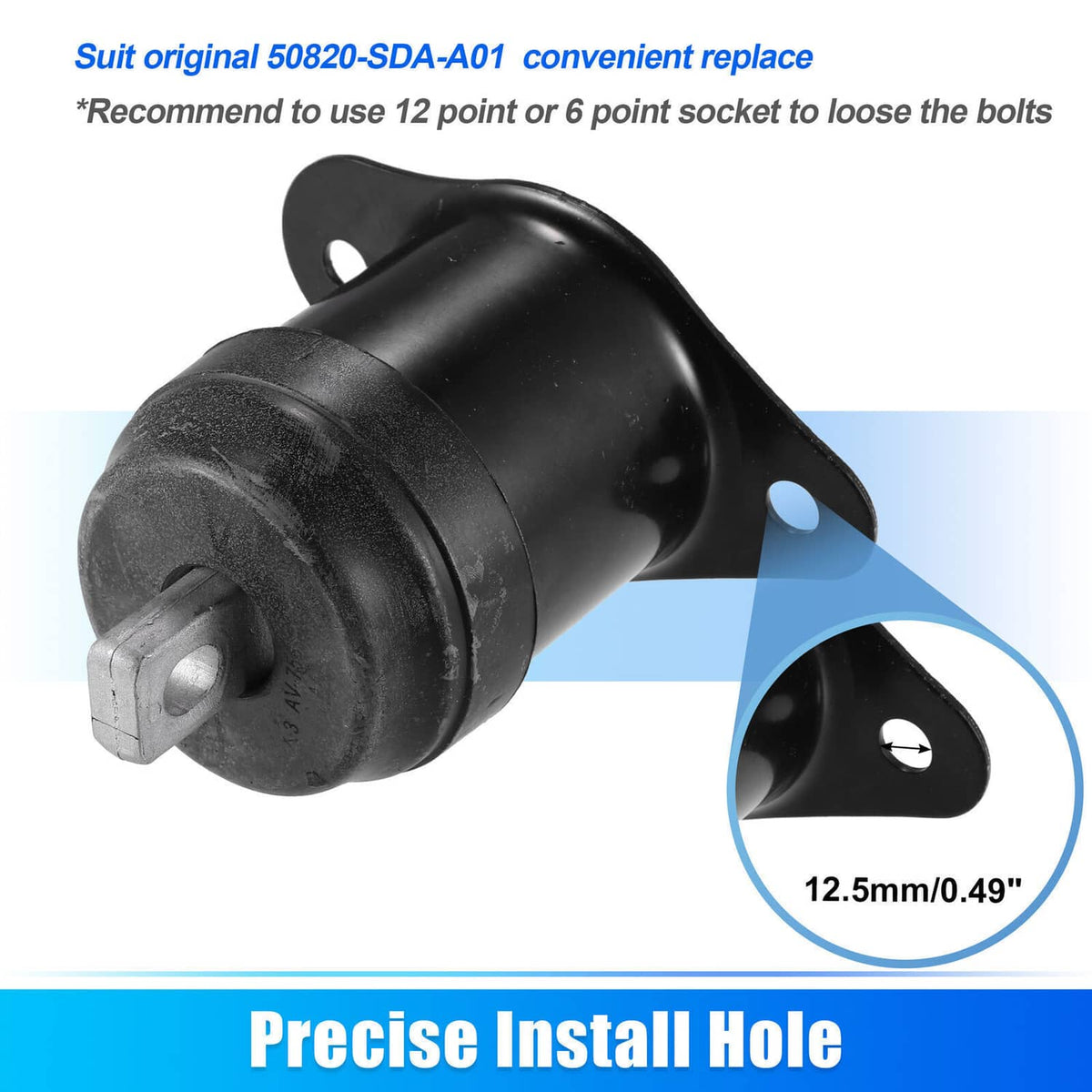 Black engine motor mount with rubber bushing, stud, and mounting holes