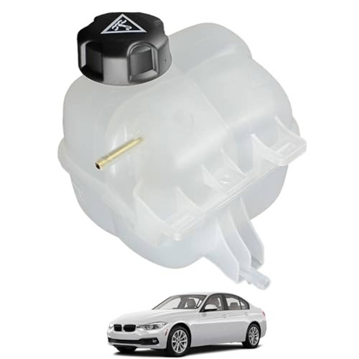 Radiator overflow reservoir tank with black cap on translucent white plastic