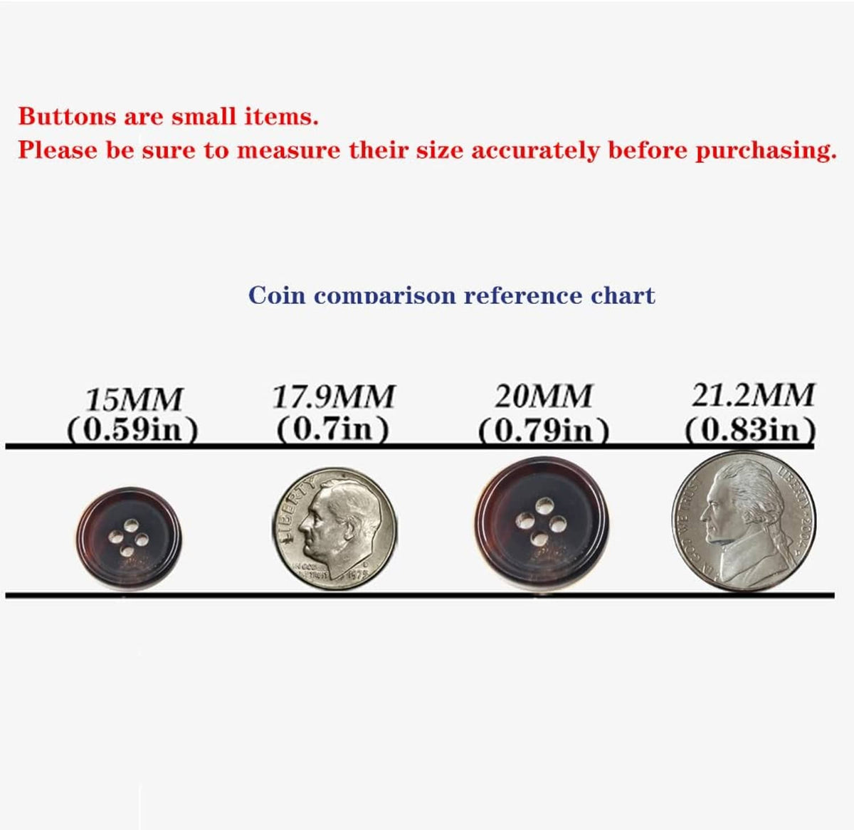 Black round 4-hole buttons with coin size comparison chart