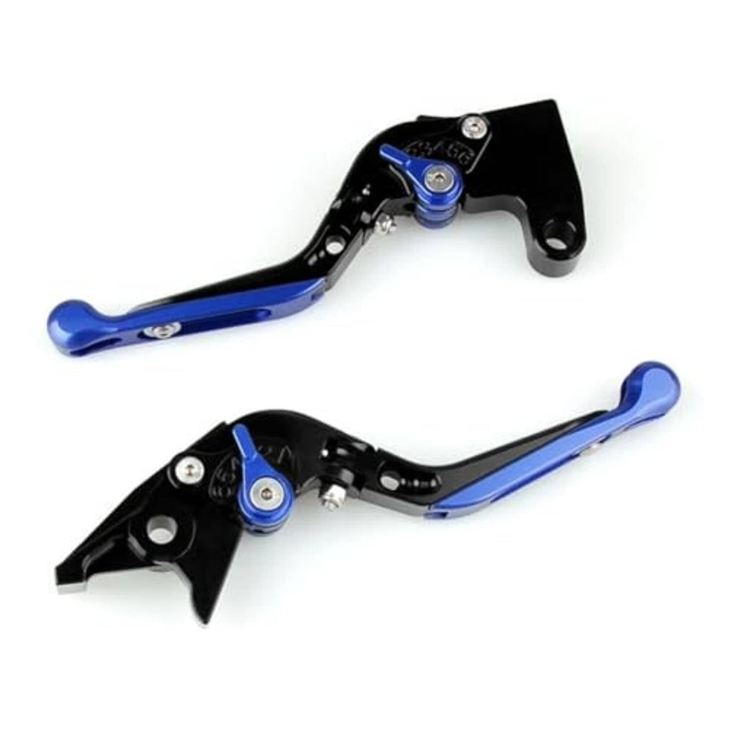 Folding motorcycle brake and clutch levers, blue handle bars with black brackets