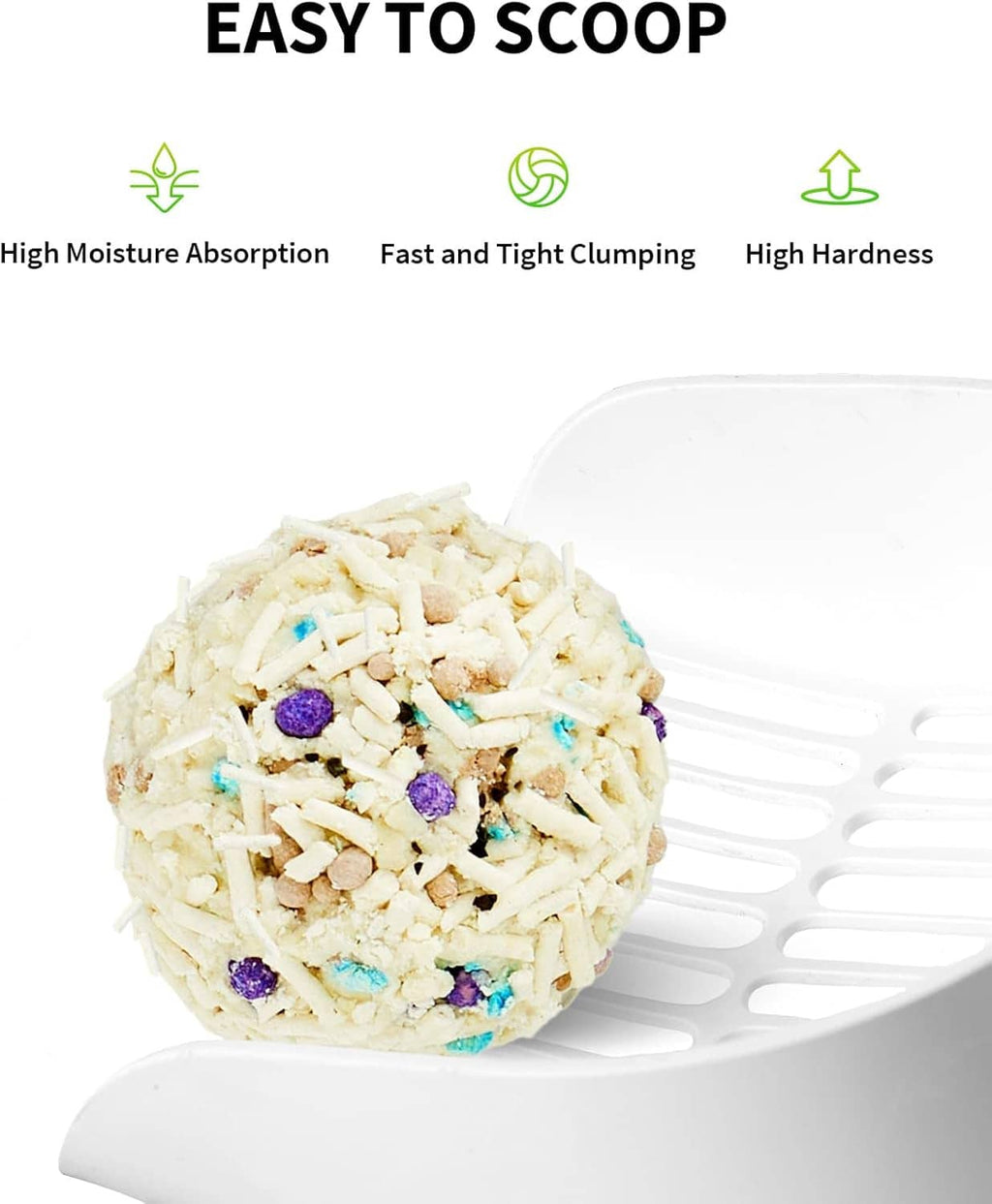 Cat litter clump ball of light tofu litter on a white scoop