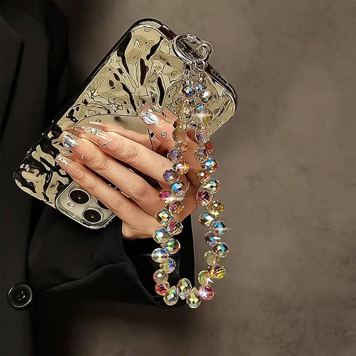 Crystal phone wrist strap with multicolor iridescent beads and silver-tone holder chain