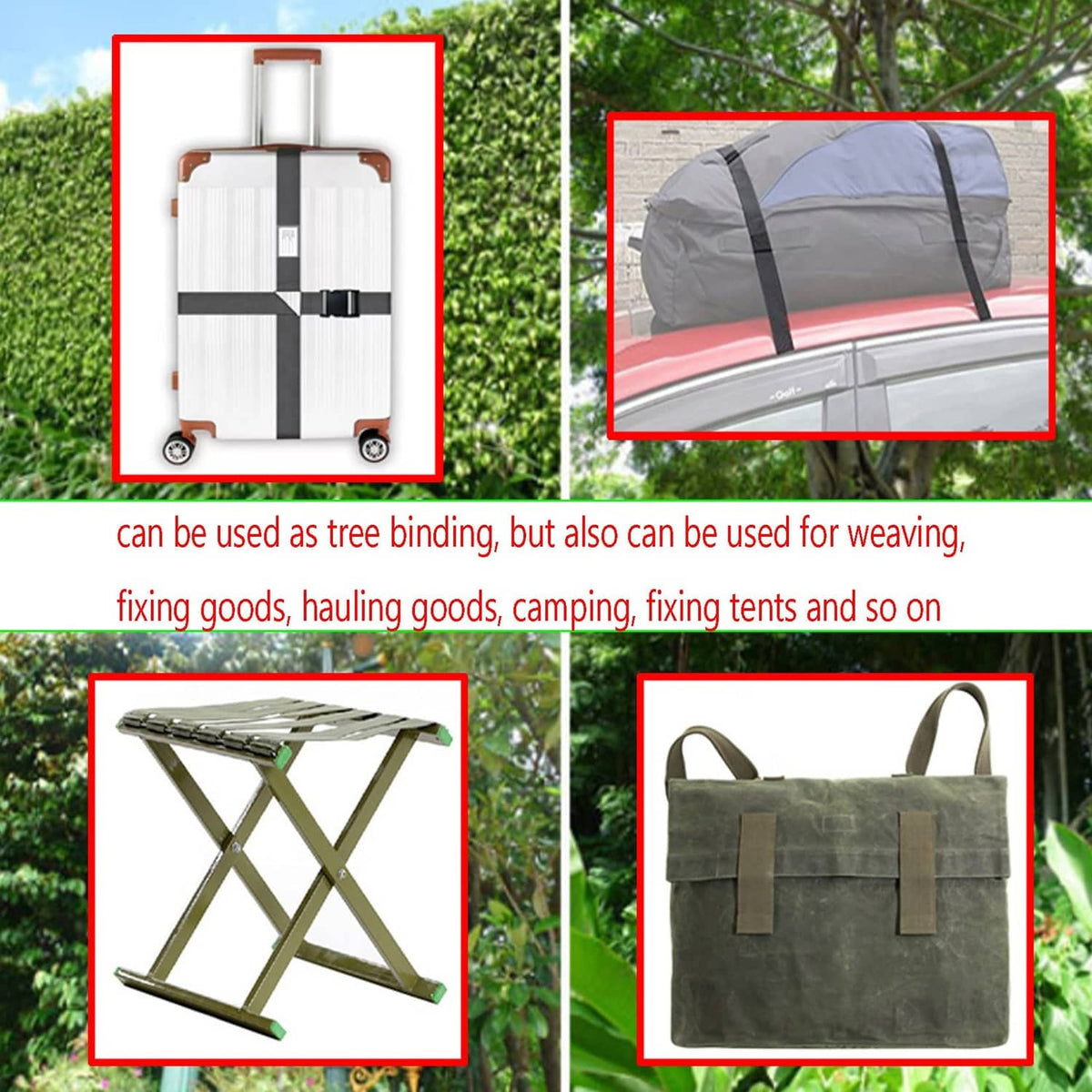 Army green flat webbing strap, shown used for tying and securing gear