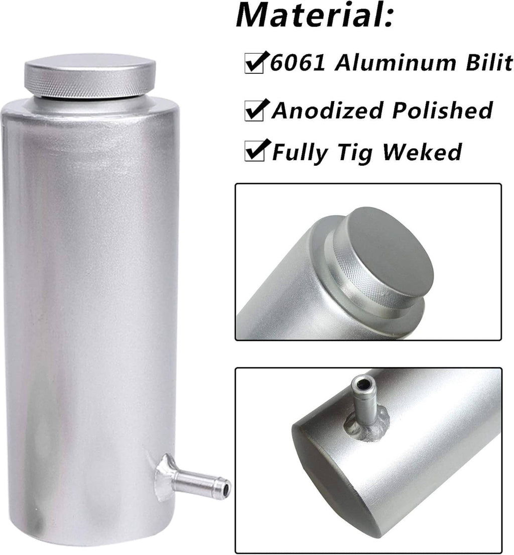 Polished aluminum coolant catch tank with top cap, side outlet, and mounting parts