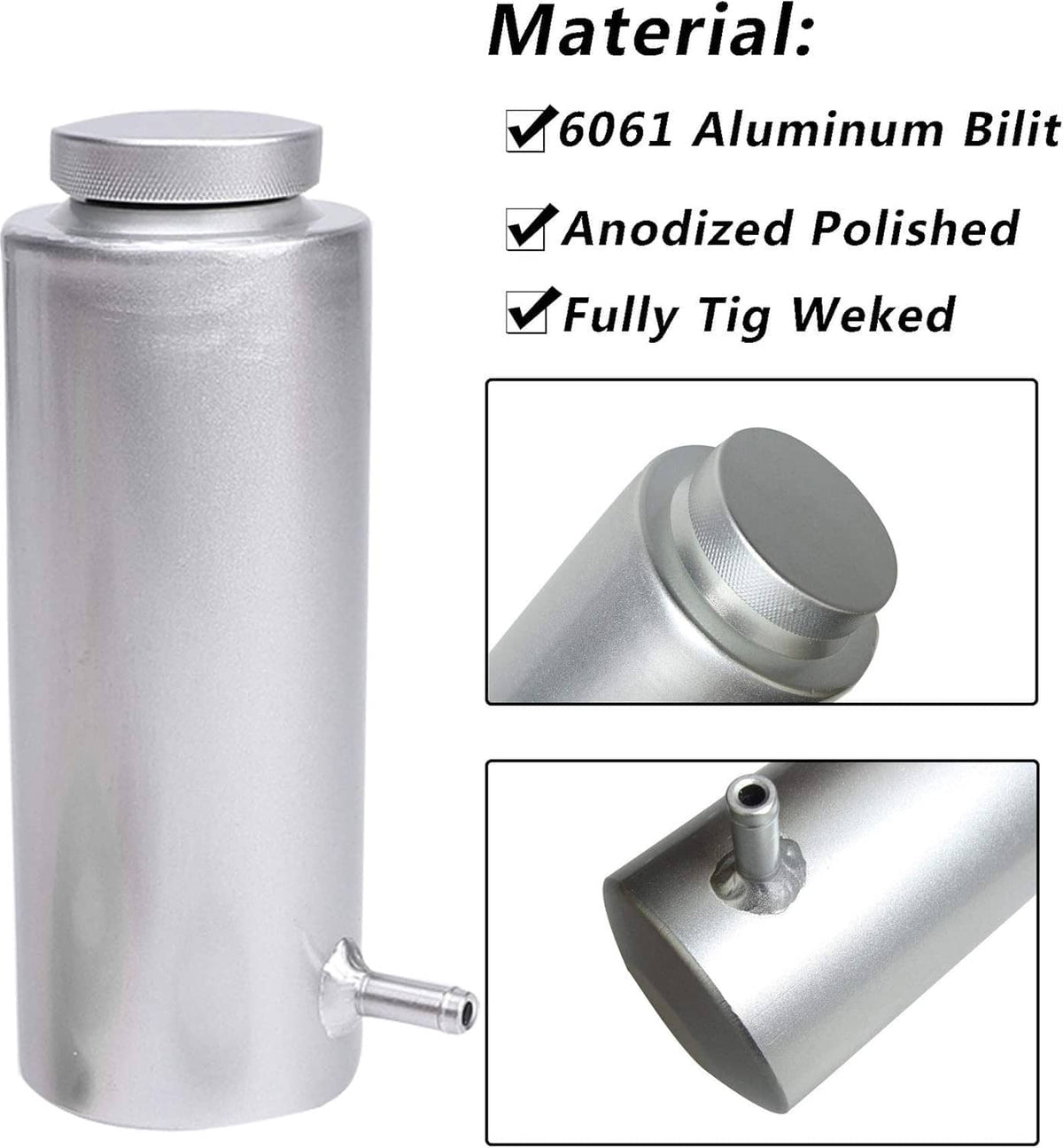 Polished aluminum coolant catch tank with top cap, side outlet, and mounting parts