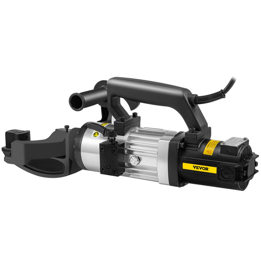 Electric rebar bender front view with black handle, silver motor housing, and cord