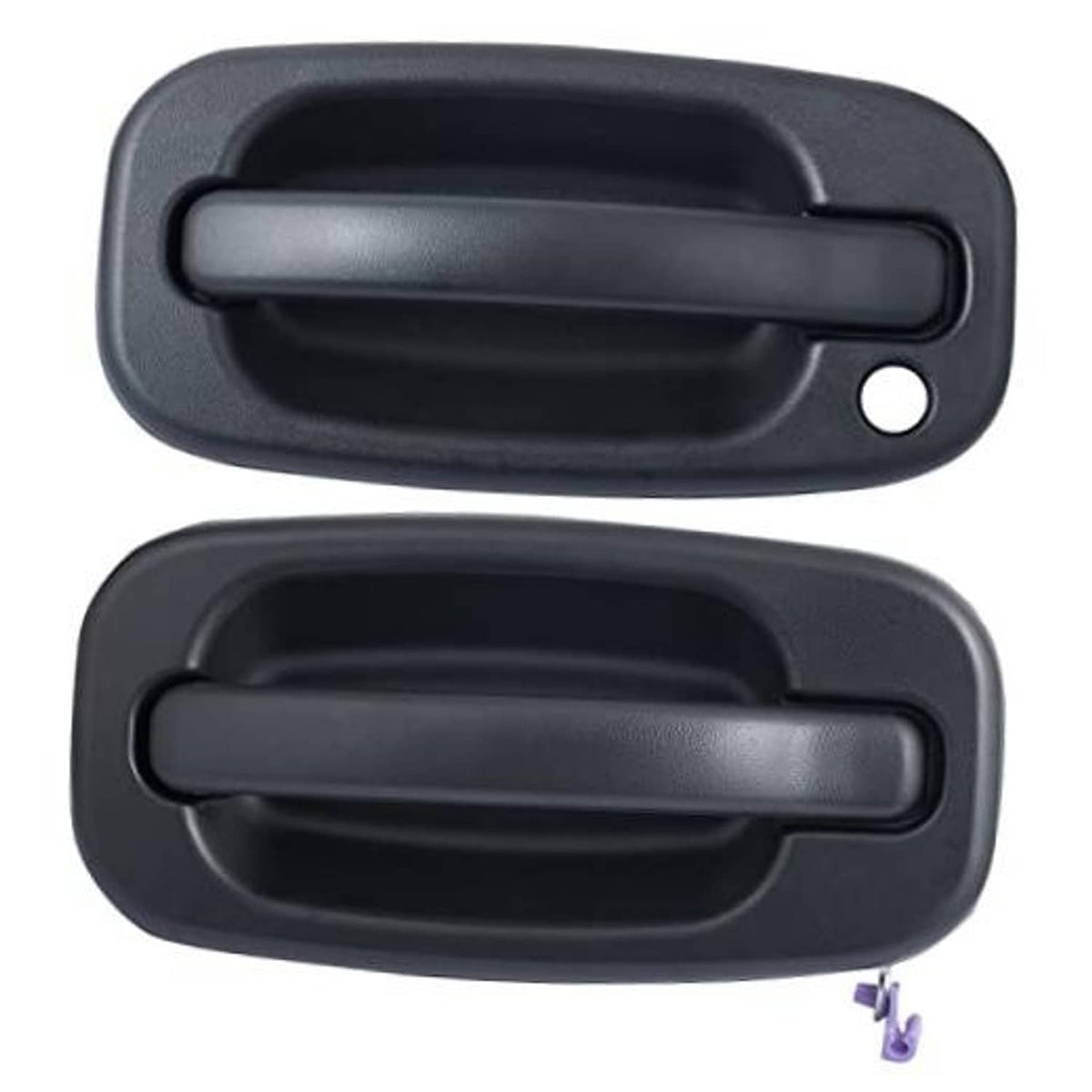 Textured black exterior door handle set, two pieces with circular mounting hole