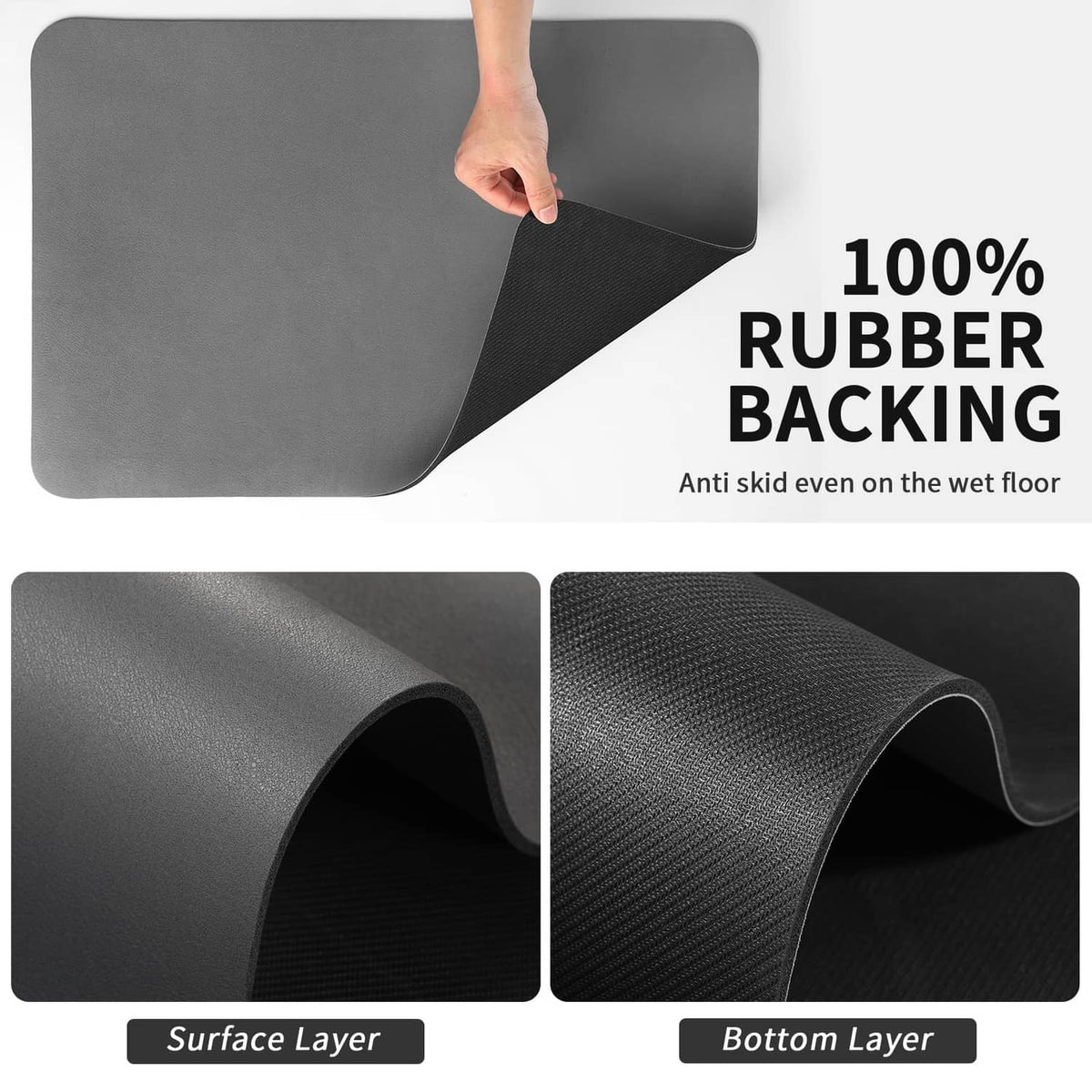 Dark gray coffee mat with textured 100% rubber backing for grip