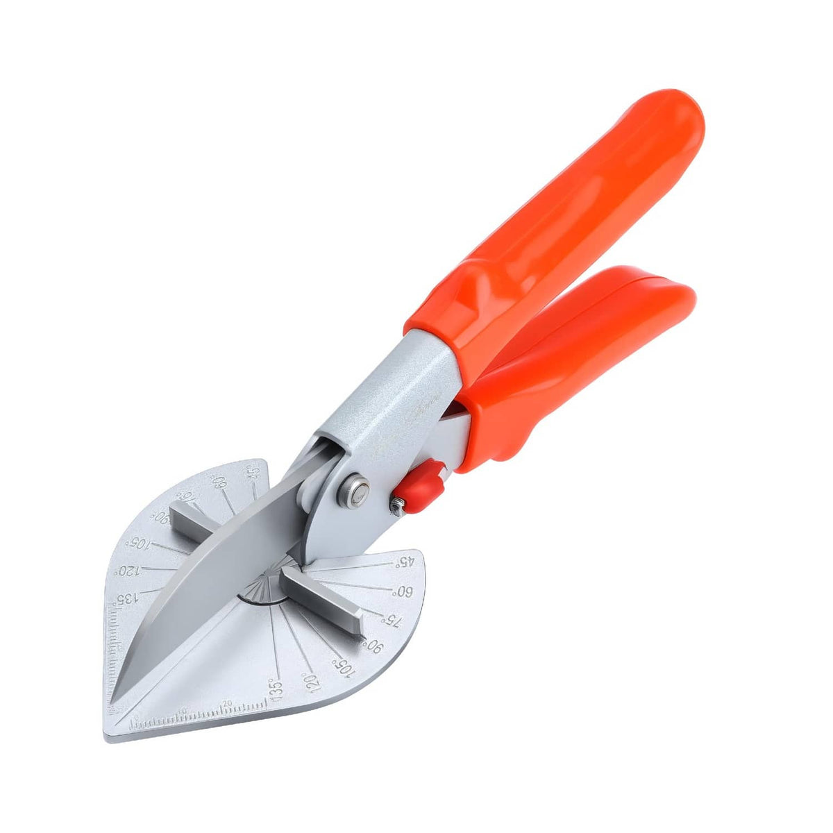 Orange and gray miter shears with stainless-steel blade and adjustable angle guide
