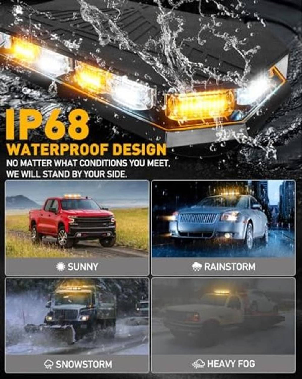 Amber and white LED emergency strobe light bar with water-splash protection