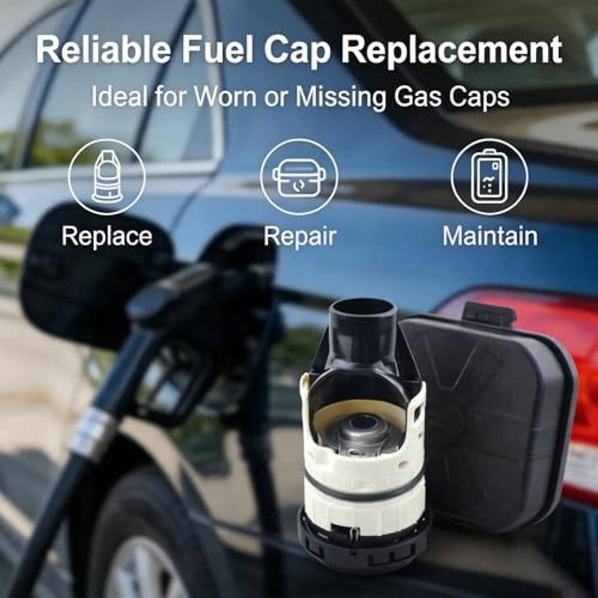 Fuel tank cap replacement with off-white body and black top, round opening
