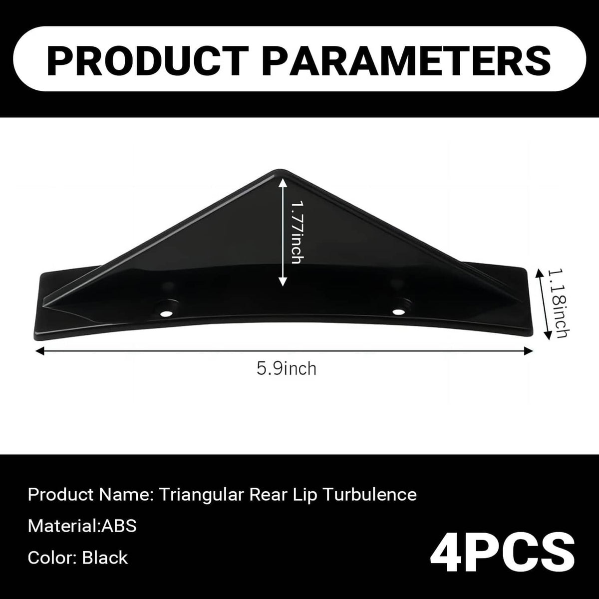 Triangular black rear bumper diffuser fin with two mounting holes, 7.1 in height