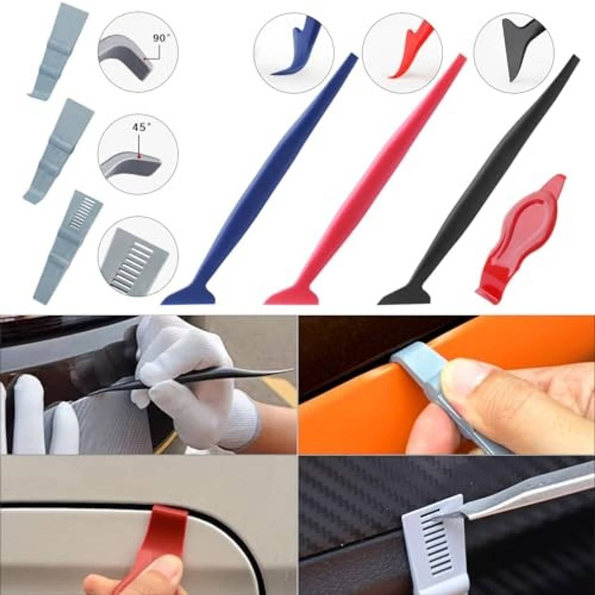 Assorted colored tint squeegees and detail blades for vinyl wrap and window film