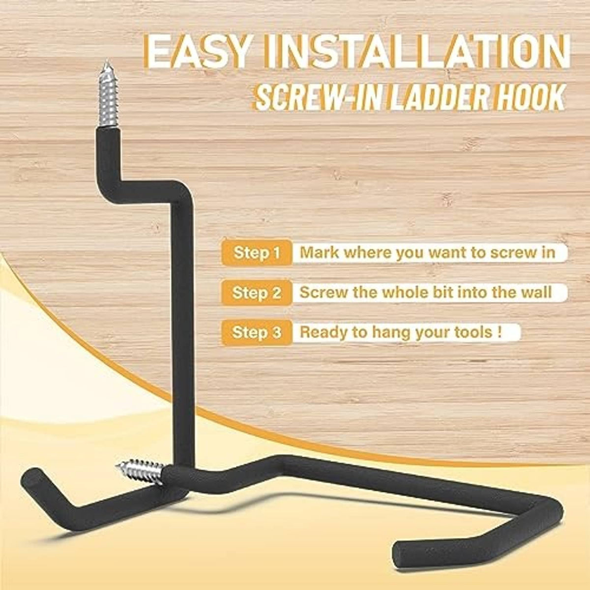 Black screw-in ladder hook with mounting screw for easy wall installation