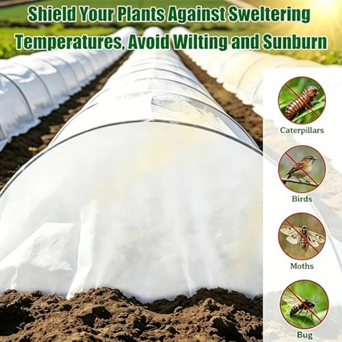 White arched plant shade fabric over garden bed to protect plants