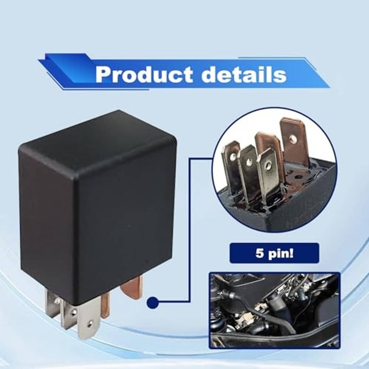 Black 5-pin relay with 3-screw style metal clips and brass-colored contact blades