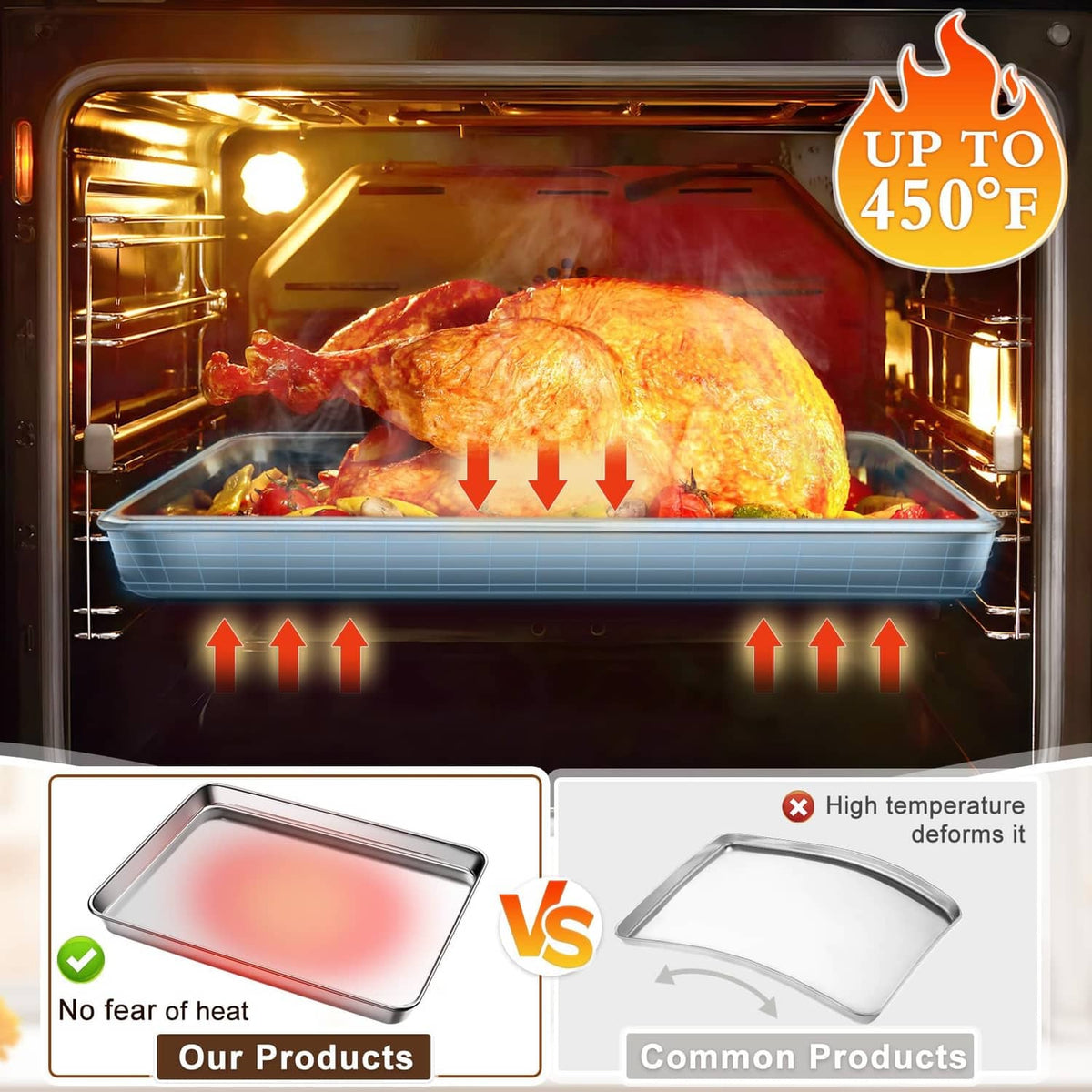 Stainless steel baking sheet for oven roasting, up to 450 F; holds chicken