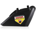Black side discharge chute with yellow danger warning label and mounting tabs