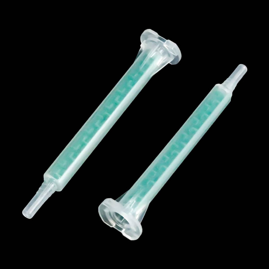 Two static mixer nozzle tips, clear with green internal spiral, AB glue mixing
