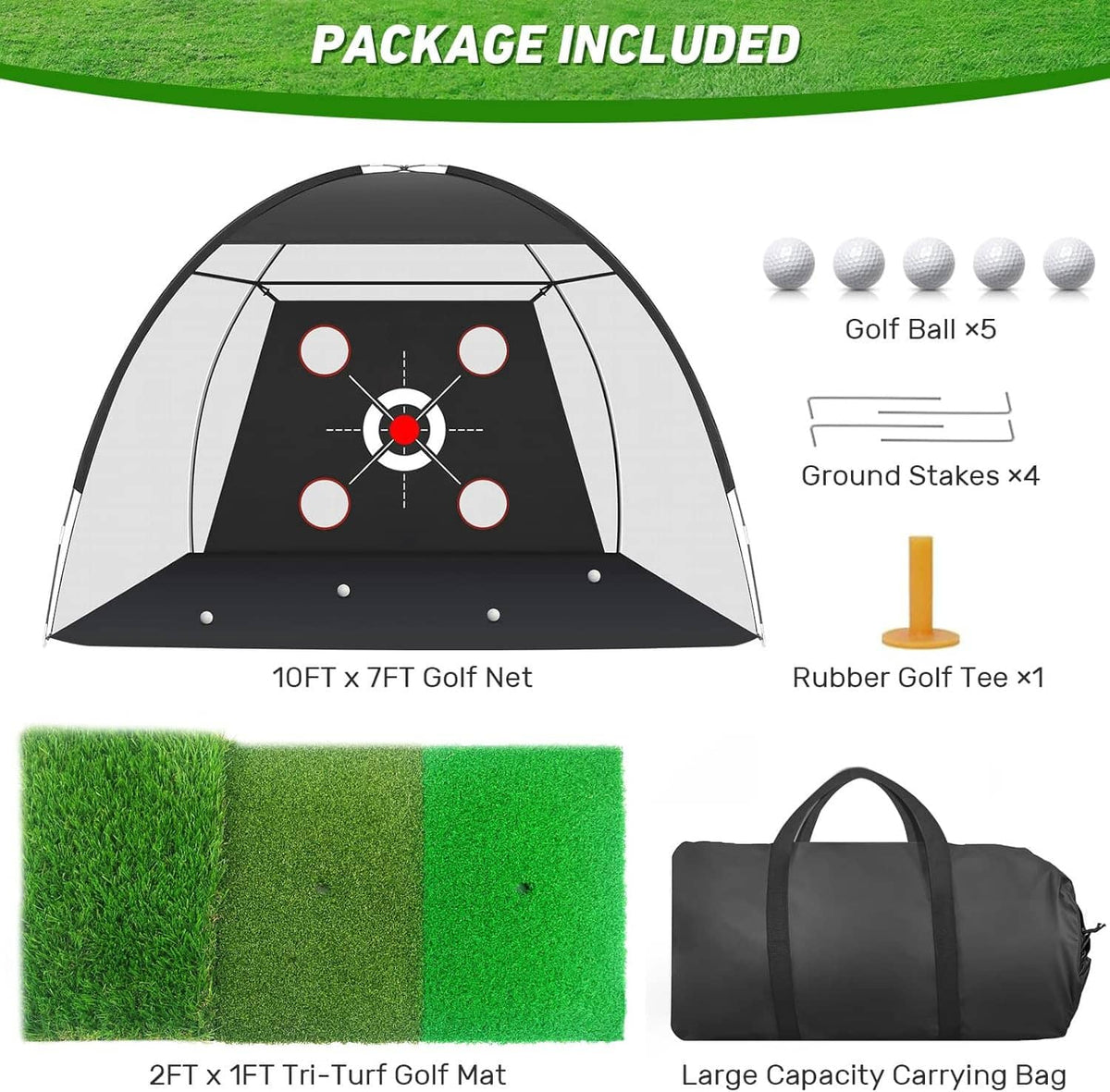 Golf net package with 10x7ft net, tri-turf mat, golf balls, stakes, and carry bag