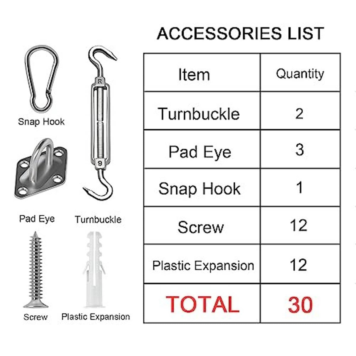 Shade sail hardware accessory set with snap hooks, turnbuckles, pad eyes, screws, expansion plugs