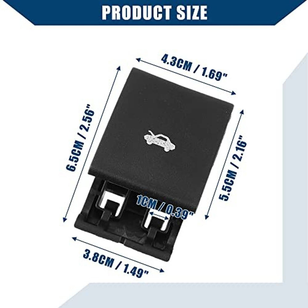 Black hood release handle with white wrench logo, product size diagram