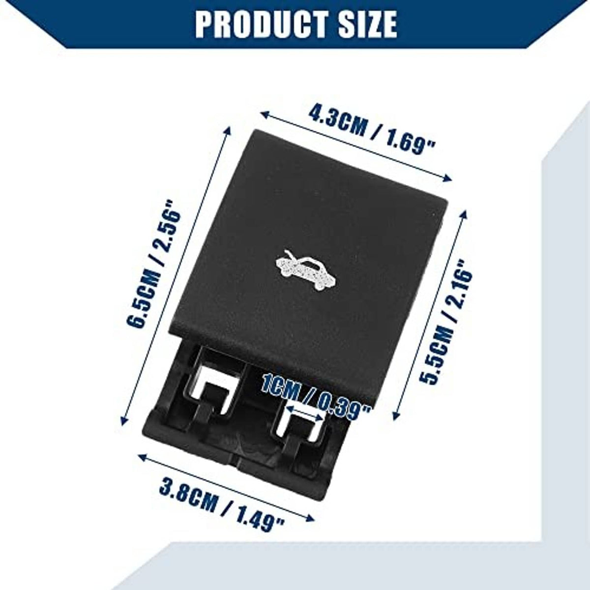 Black hood release handle with white wrench logo, product size diagram