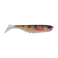 Lifelike perch-style soft fishing lure with red 3D eyes and segmented pale tail