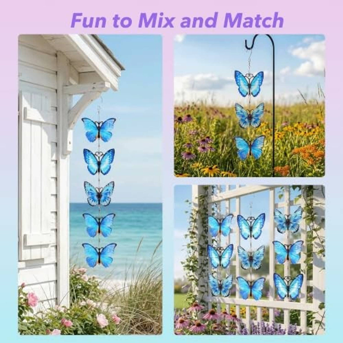 Blue butterfly metal hanging spinners with silver hooks and chains, 9 pieces shown