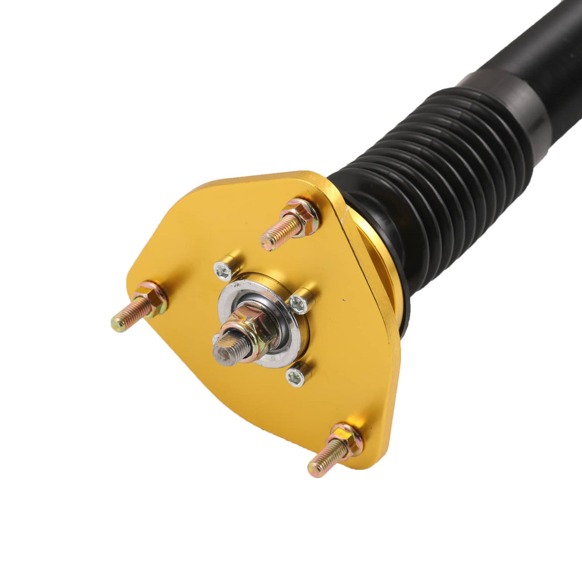 Coilover shock absorber with gold top plate and black spring