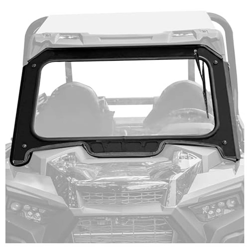 Front vented glass windshield with wiper arm and black mounting brackets