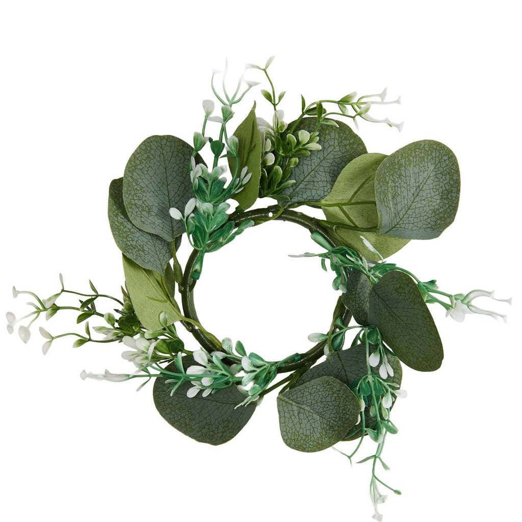 Green eucalyptus wreath with small white buds and clustered leaf stems