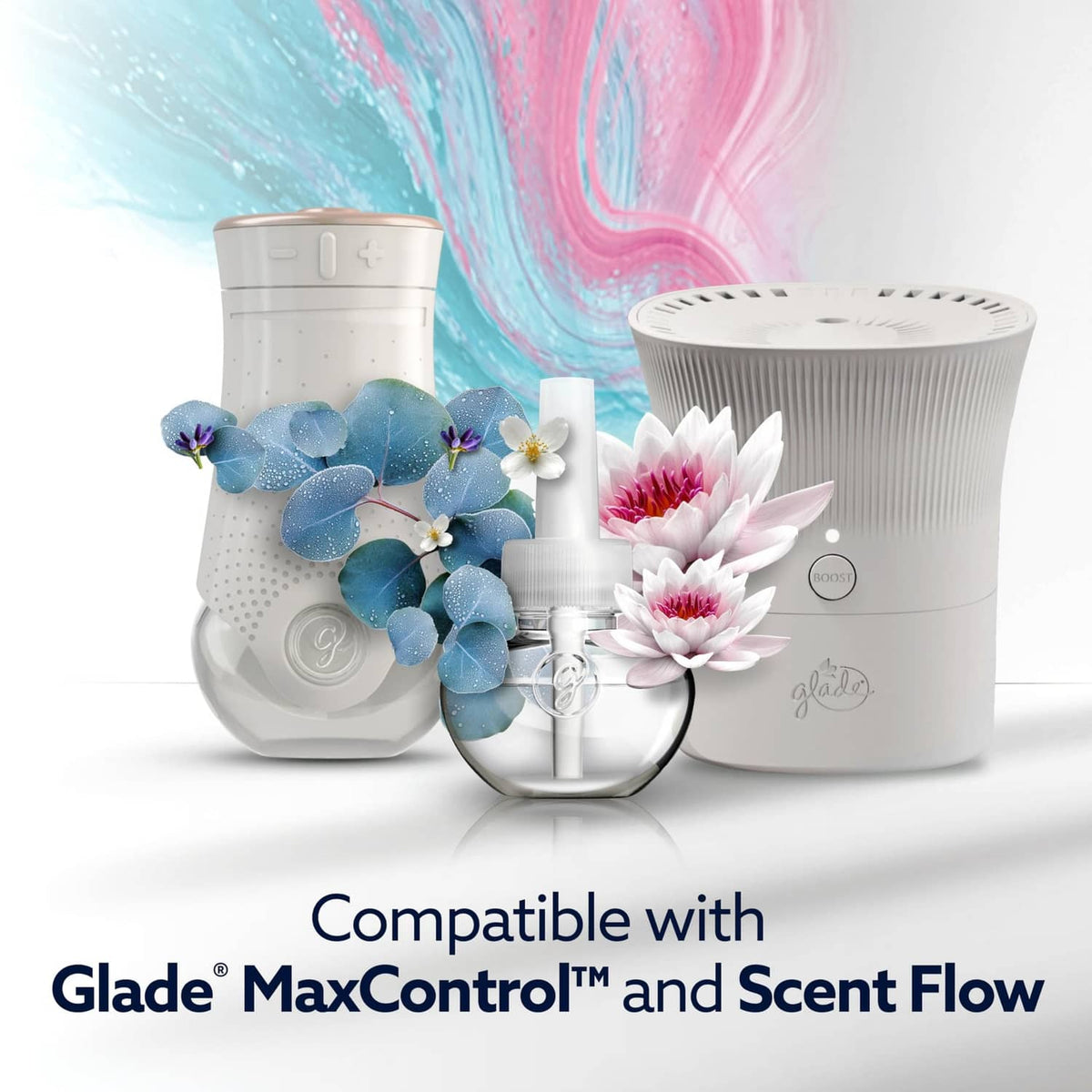 Glade CustomScent refill system components, compatible with Glade MaxControl and Scent Flow