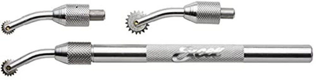 Stainless steel pounce wheel with roller and curved needle ends for fabric tracing