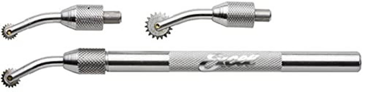 Stainless steel pounce wheel with roller and curved needle ends for fabric tracing