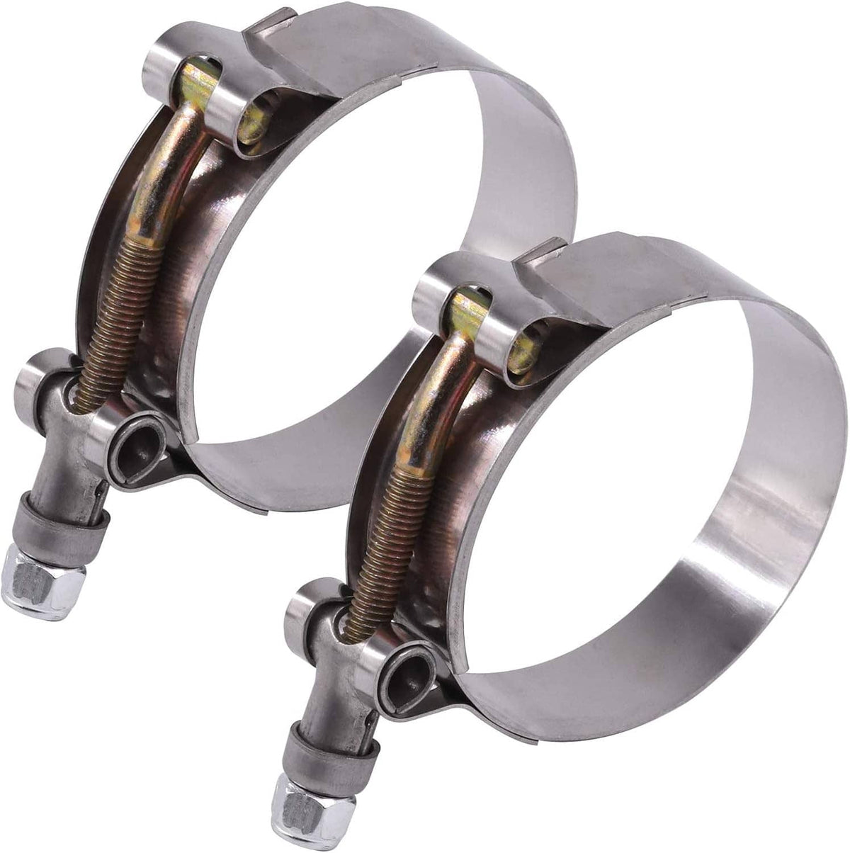Pair of stainless steel T-bolt hose clamps with threaded tightening screw