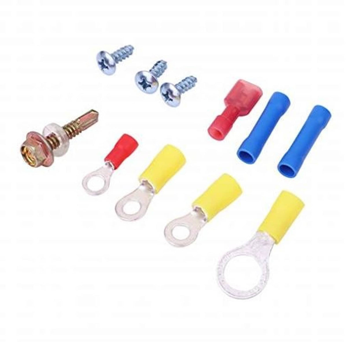 Assorted wiring terminals and ring lugs with screws in red, blue, and yellow