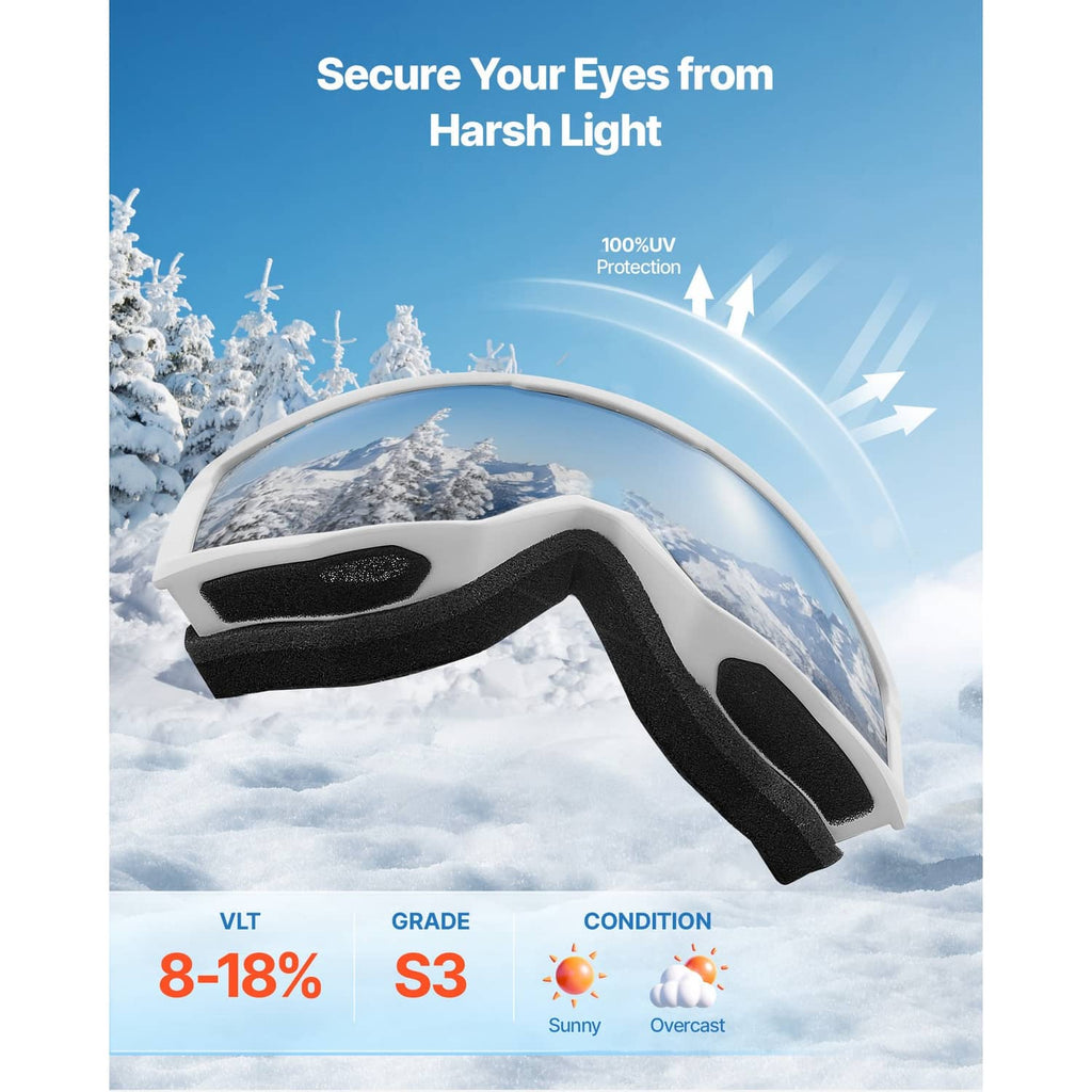 Black and white ski goggles with curved reflective lens and thick foam strap