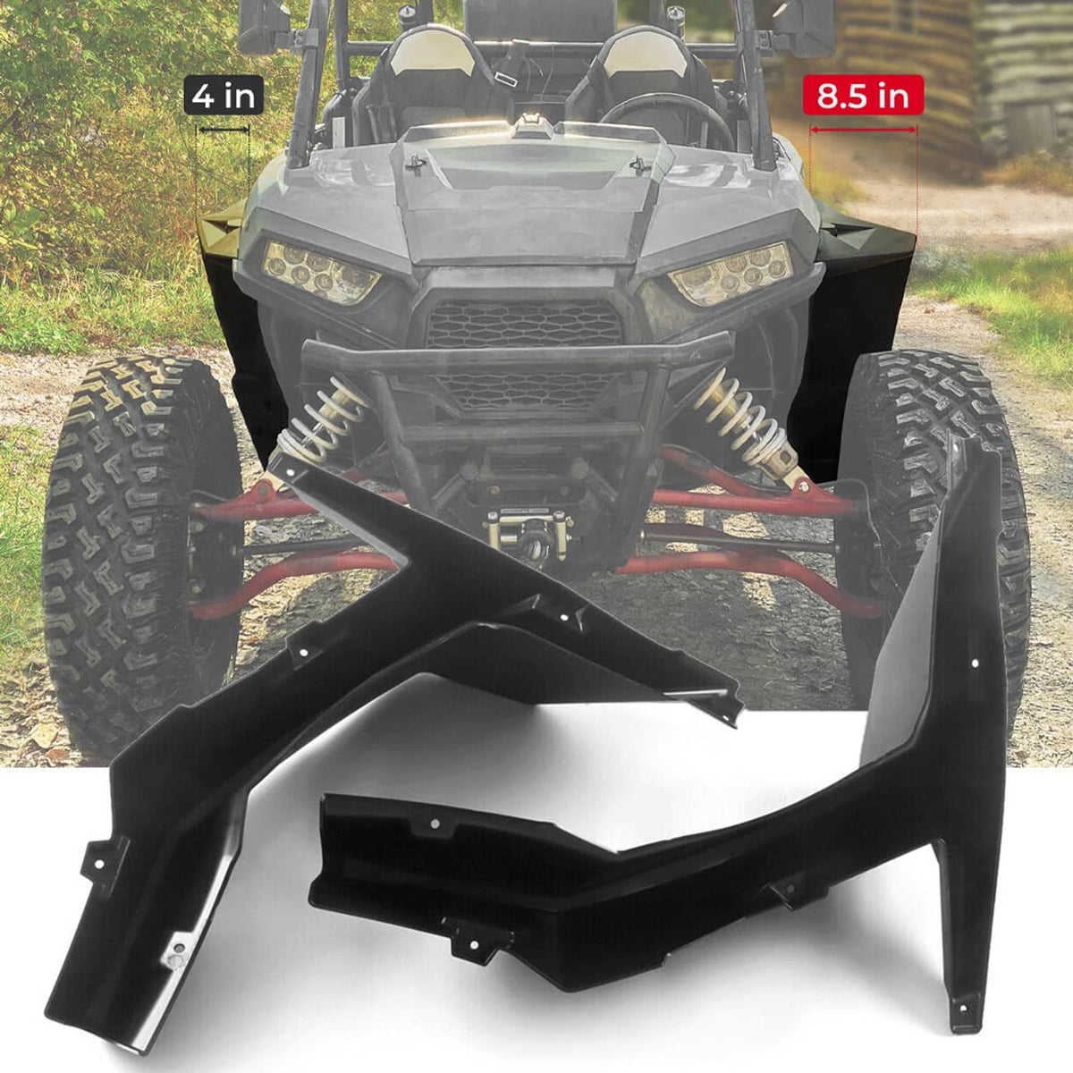 Black front fender flare with mounting tabs, covering the wheel opening area